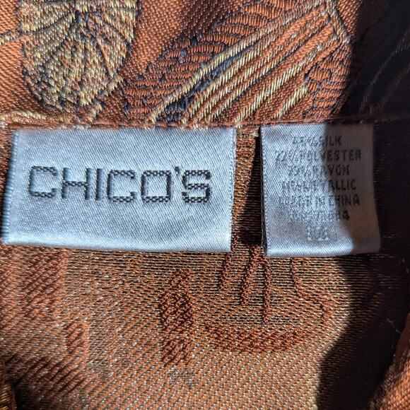 Vtg 1990s Chico's Bronze Brown Gold Brocade Satin Button Up Collared Blouse 1 M - Picture 5 of 5